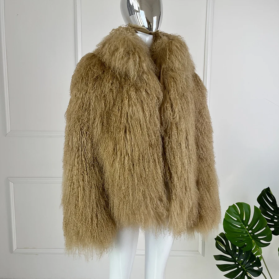 

Genuine Mongolian Fur Coat Women Winter Tibetan Lamb Fur Coat Lapel Brown Natural Sheep Fur Jackets 2024 Best Selling New Styles