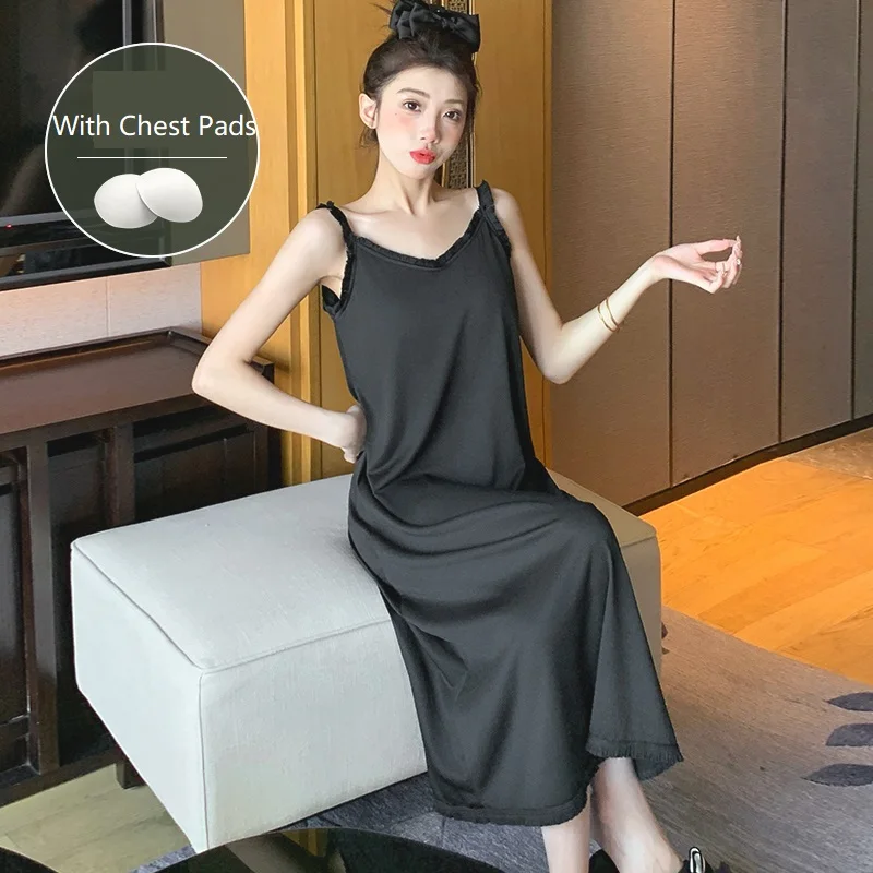 

Female Lace Stitching Long Nightgown Homewear Summer Spaghetti Strap V-Neck Women Sleepwear Shirt Sexy Suspender Nightshirt 3XL