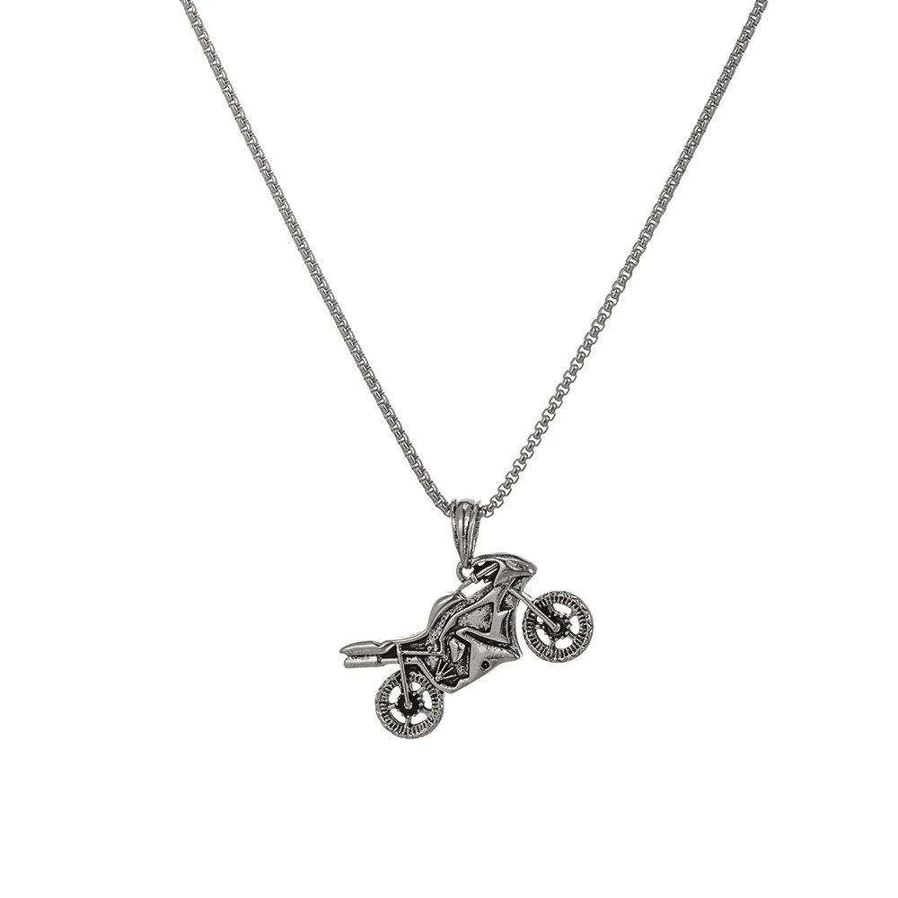 Vintage Stainless Steel Box Chain Necklace Cool Motorcycle Pendant Men\'s Long Sweater Chain Couple Accessories