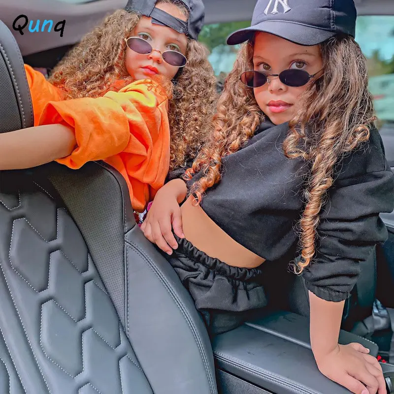 Qunq 2023 Spring Girls Solid O Neck Long Sleeve Crop Top+Pants 2 Pieces Set Street Fashion Sporty Casual Kids Clothes Age 3T-8T