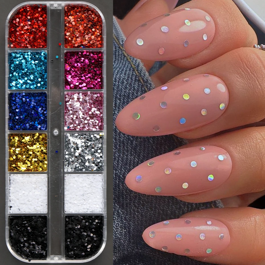 12 Girds Glitter Mini Polka Dots Nail Art Sequins 3D Y2K Laser Effect Multi-colored Dots Nail Flakes DIY Shiny Dots Nail Decor