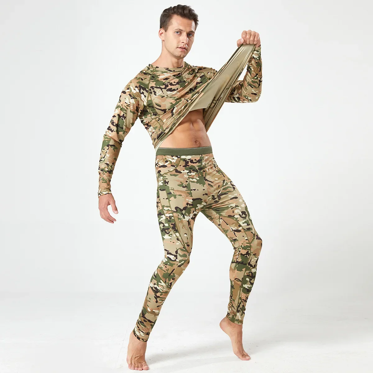 Winter Men Fleece Thermal Underwear Set Green Camouflage Outdoor Outfits Male Camo Breathable Uniform Sportswear Set Plus Size