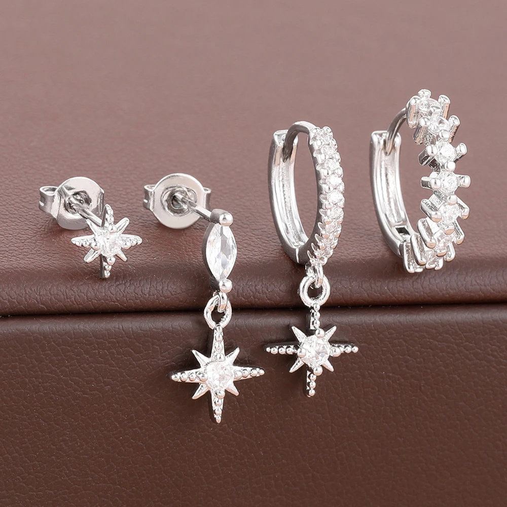 4 Pieces Exquisite Little Crystal Octagonal Star Stud Earrings for Women and Girl Korean Fashion Romantic Wedding Jewelry