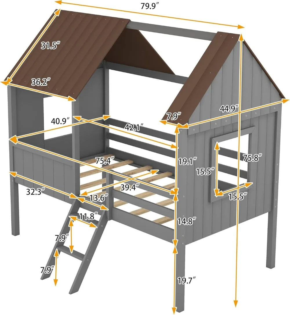 Twin House Bed for Kids Wood Low Loft Bed Frame with Windows and Roof, Easy Assembly, for Girls Boys (Gray+Brown)