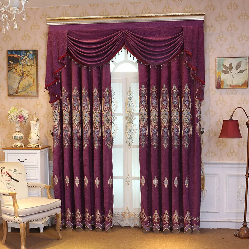 

Custom luxury European Chenille modern living room embroidered purple cloth blackout curtain tulle valance drape C1735