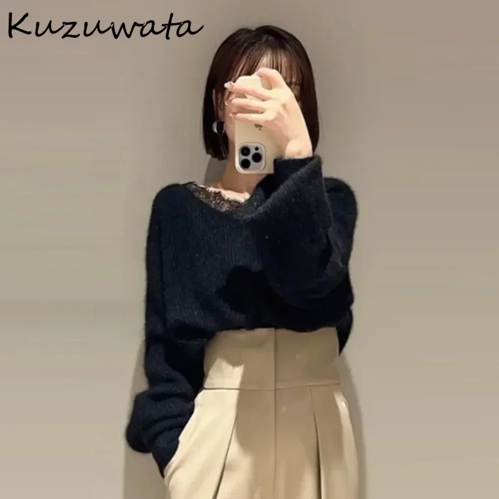 Kuzuwata Moda dulce cuello en V manga larga encaje tejido Patchwork suelto todo-fósforo Top de punto Japón Jersey literario francés Pull Femme