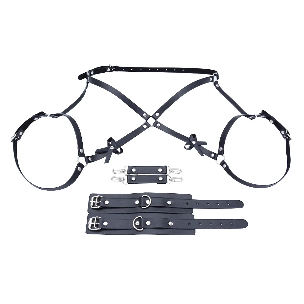 Women's Sexy Bow PU Leather Thigh Garter Harness BDSM Bondage Lingerie with Butt Wear And Suspender Belt Waist-To-Leg Adult Sex