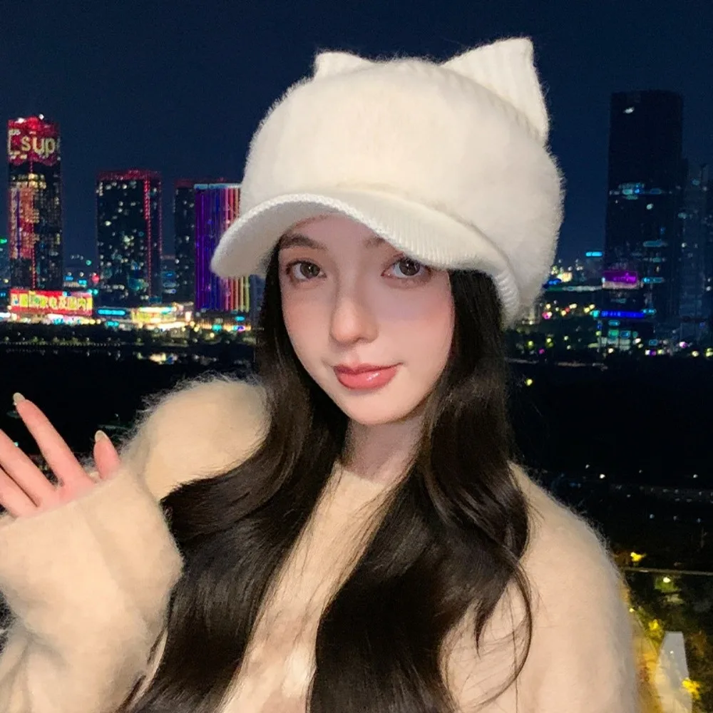 Polyester Cat Ear Cap Ear Protection 56cm to 58cm Head Circumference Winter Beanie Hat Face Slimming Thick Warm Lining