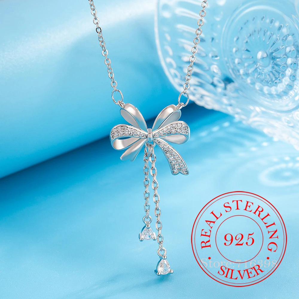

925 Sterling Silver Jewelry Luxury Crystal Bowknot Pendant Necklace for Women Homme Luxury Wedding Party Gift