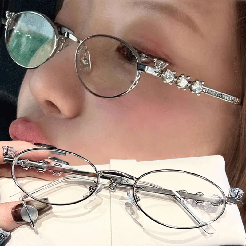 

Oval Shades Rhinestone New Sunglasses Bling Eyeglasses Frames Clear Lens Small Round Women Men Metal Retro Diamond Frame Eyewear