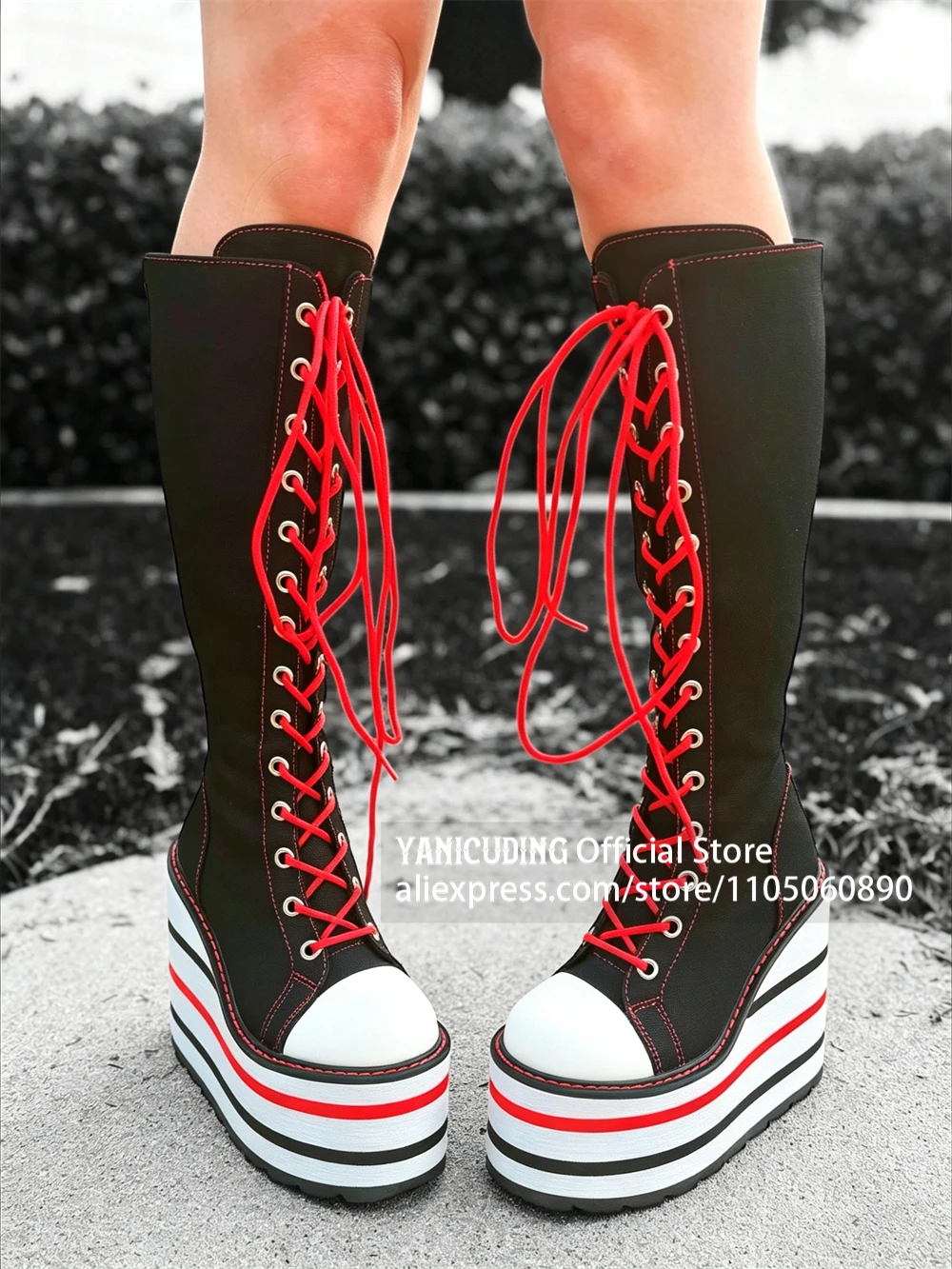 Skeleton Embroidered Canvas Wedge Boots Black Red and White Striped Wedge Heel Platform Knee-High Boots Lace-Up Cosplay Boots image 4