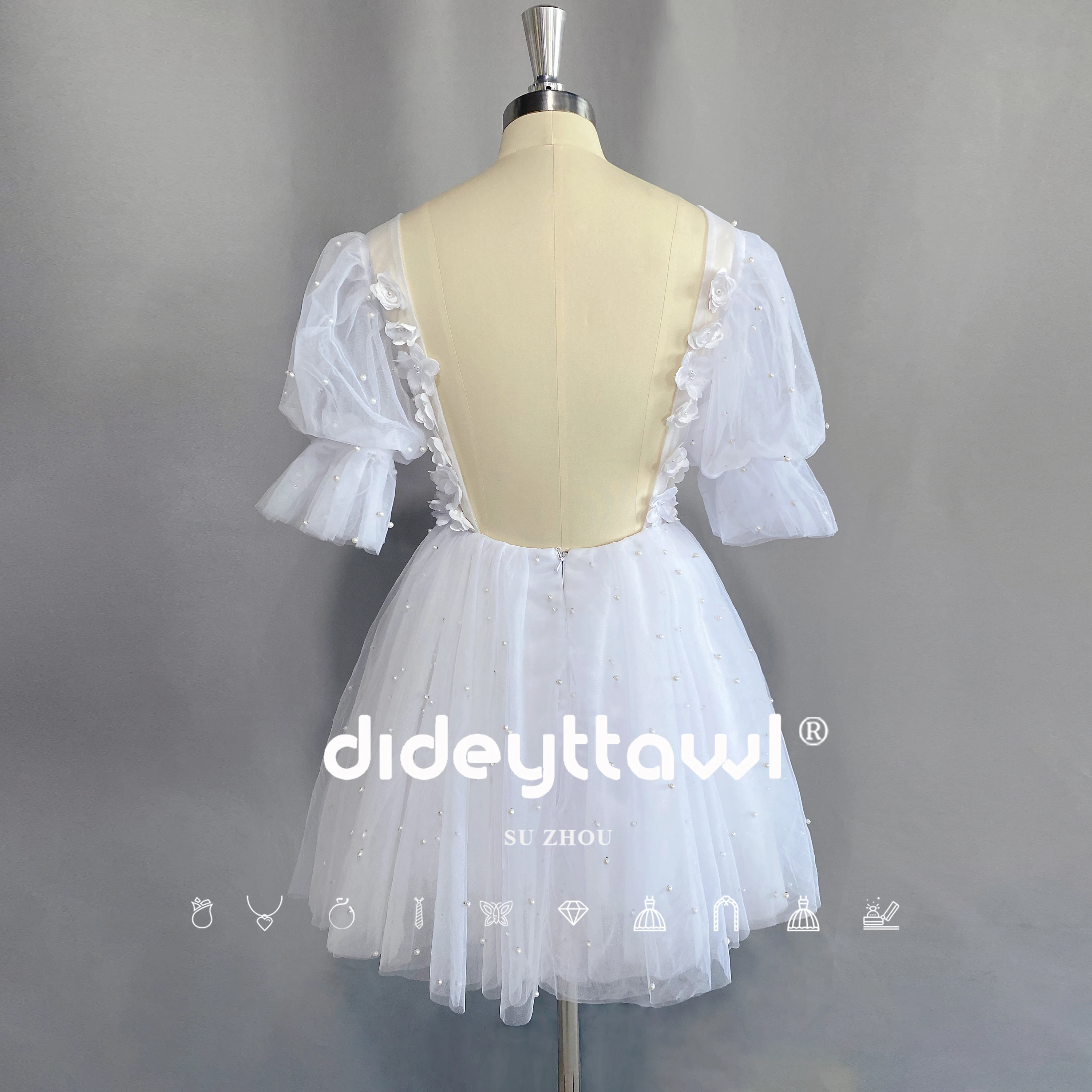 DIDEYTTAWL จริงสั้นชุดแต่งงาน Chic Vestidos De Novia ดอกไม้ Bodice Backless กระโปรงลูกปัดเจ้าสาวชุดแขนสั้น