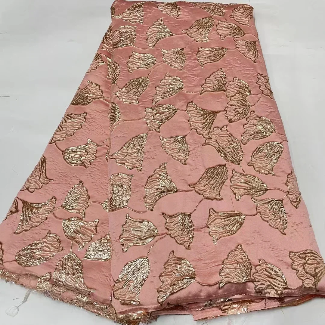 Pink Bling African Nigerian Jacquard Brocade Lace Fabric 2024 High Quality French Tulle Lace Fabric For Party Dress Sew LJK2410