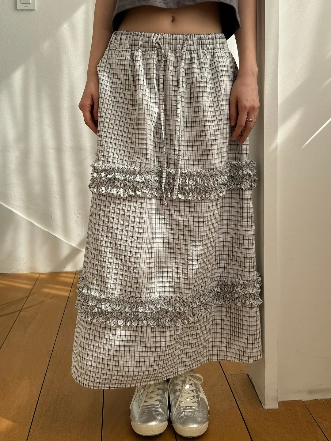 

Chic Summer l Pleated Bubble Cotton Plaid Multi-layer Ruffle f Skirt Elastic Waist Women's Faionable Casual Skirt