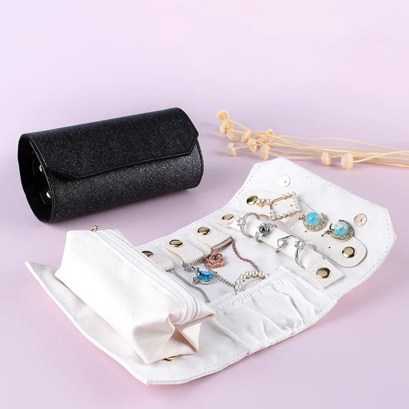 Wholesale Rolled Jewelry Case White Black PU Leather Jewel Organizer Earrings Rings Necklace Storage Portable Travel Jewel Box