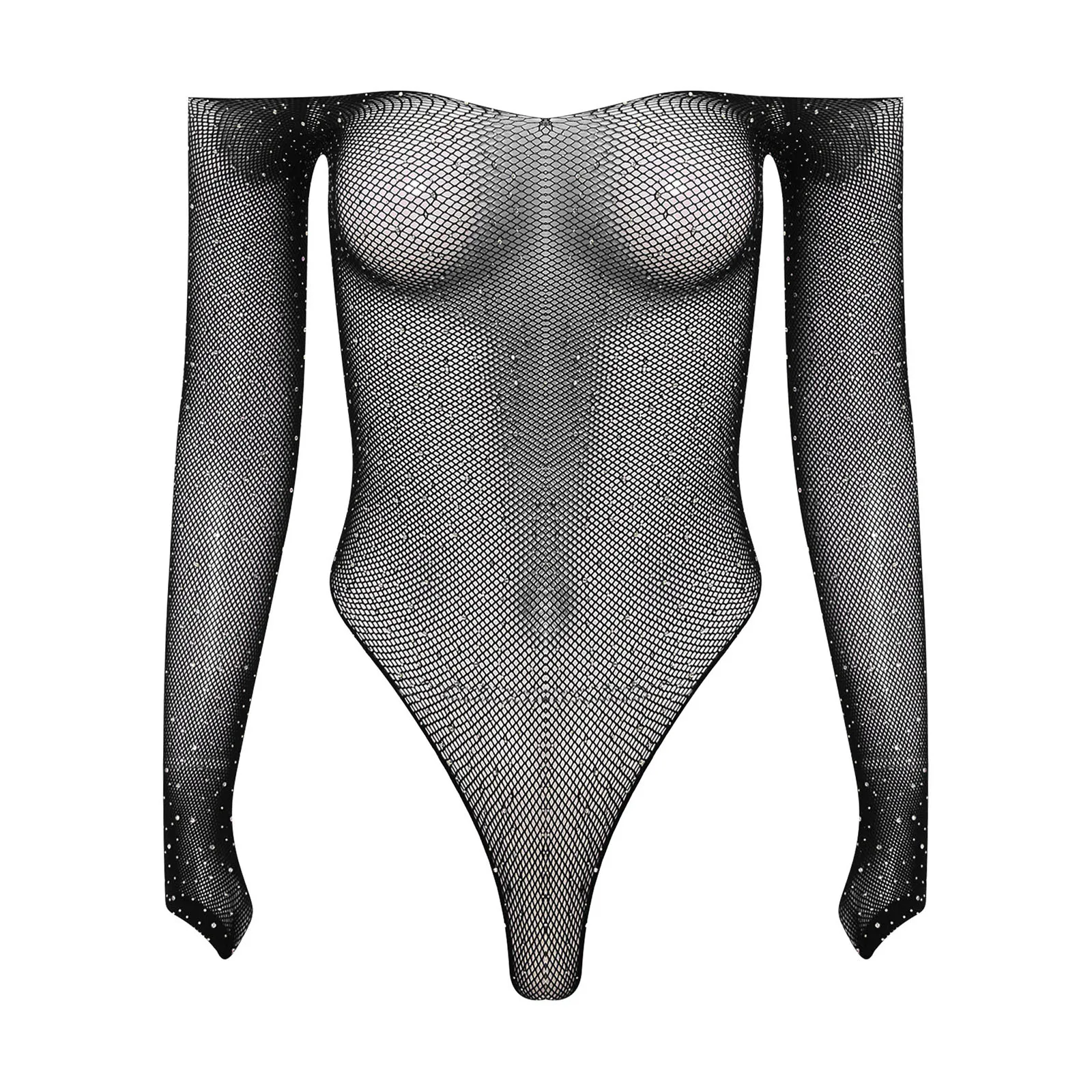 Womens Shiny Rhinestone Fishnet Bodysuit Off Shoulder Long Sleeve Stretchy Leotard Jumpsuit Nightwear Bikini Swimwear Cover Up