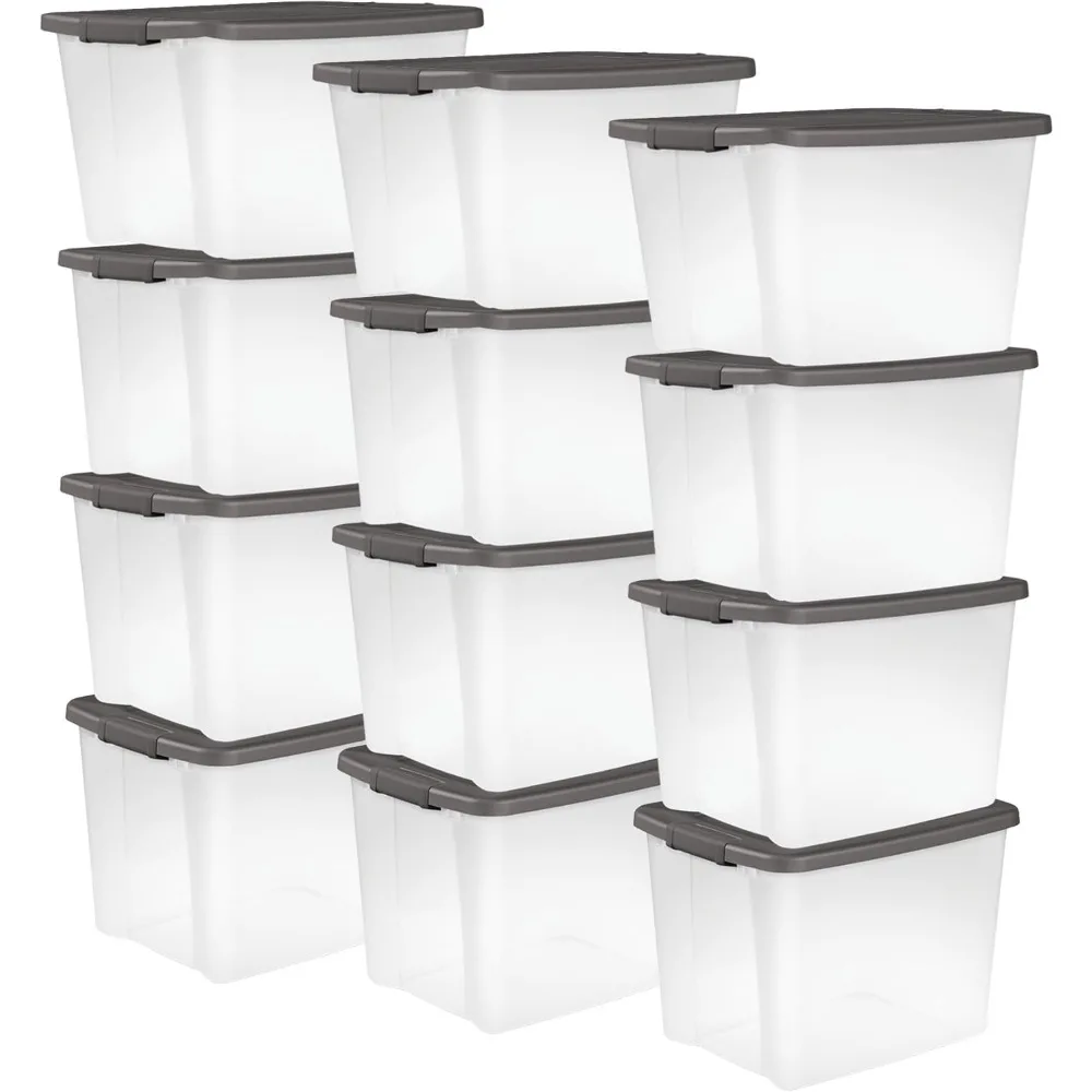 12 عبوة من صناديق تخزين بلاستيكية مع أغطية، حقائب أرفف كبيرة شفافة، 50 كيو تي، رمادي