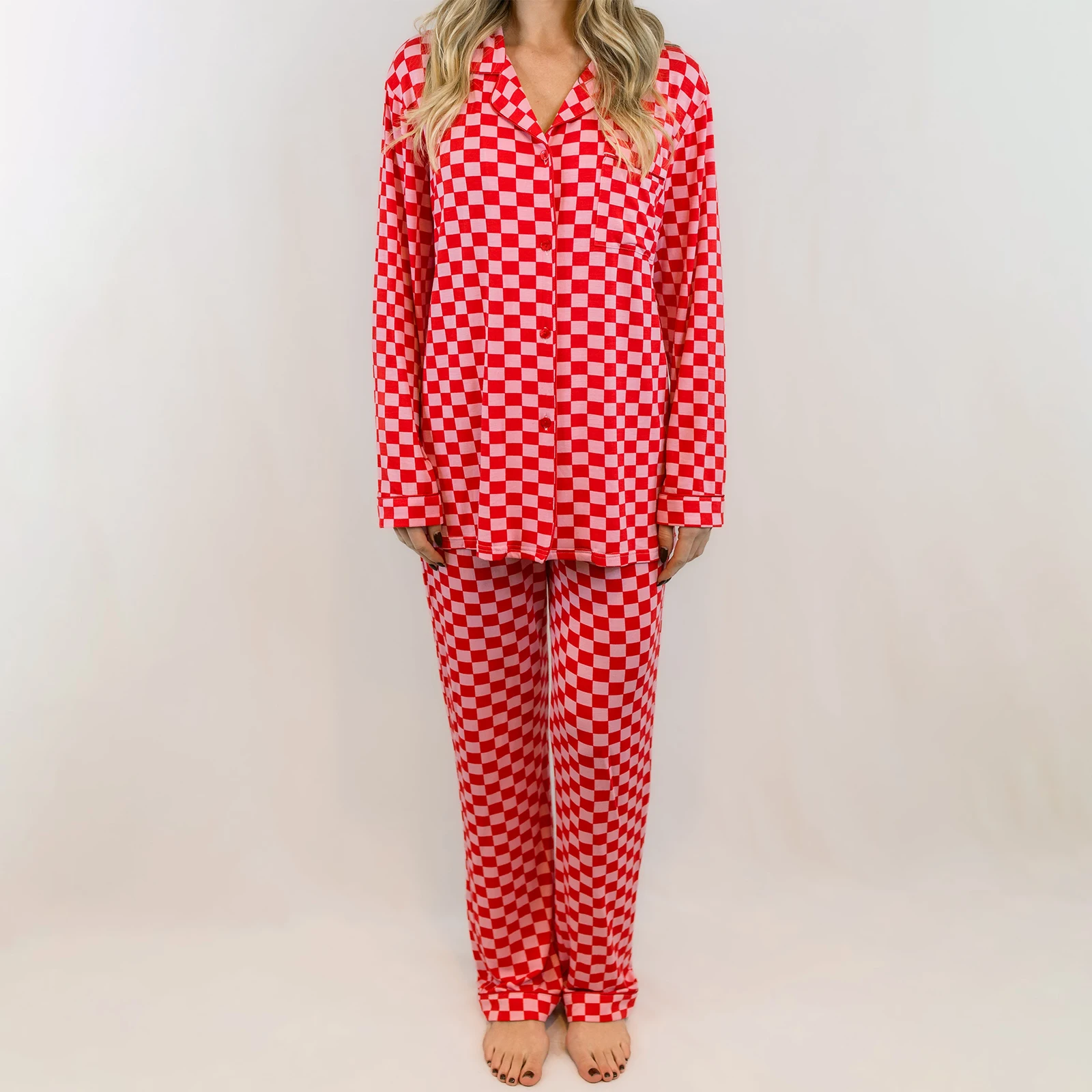 

Women's Aesthetic Plaid Print Pajama Clothes Sets Long Sleeve Sleepwear Button Shirts Pants Loungewear Kawaii Pjs Nightwear