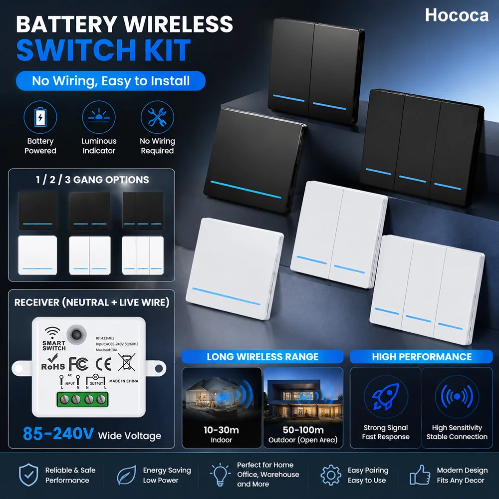 Hococa CR2032 Battery Wireless Switch 1/2/3 Gang Remote Control With Fluorescent Strip Panel 86 Type RF433 Lamp Switches