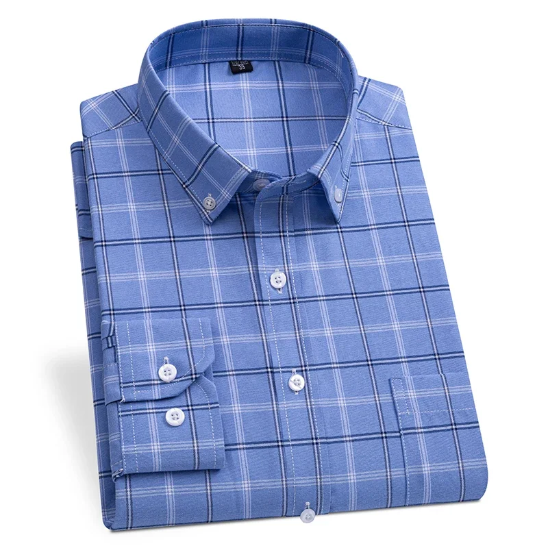 New Oxford Shirt Men\'s Long Sleeve Striped Regular Casual Pocket Square Collar Business Dress Shirt For Men