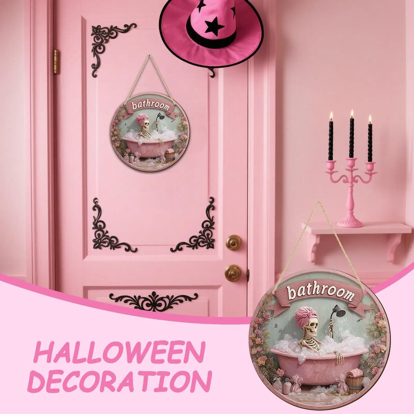 Front Door Skeleton Sign Halloween Door Sign Wooden Decor Round Hangable Plate Scene Props For Mantel Farmhouse Bedroom Haunted