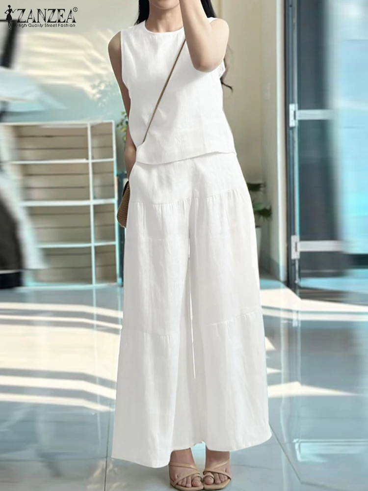 

ZANZEA Vintage Pant Sets 2025 Women Elegant Solid Color Two-piece Outfits Summer 2pcs Casual Sleeveless Tank Tops and Long Pants