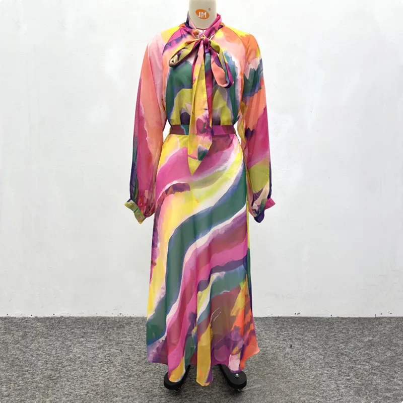 2026 New African Fashion Women Two Piece Dress Set colorfull printed Full Sleevle Lace Up Loose Blouse Top And Long Skirts Set image 3