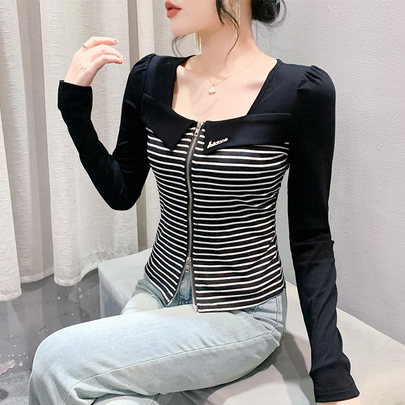 Faionable Bla White Striped Women's Long Sve T-irt Sexy Square Collar Zipper Slit Slim Fit Versatile Base irt