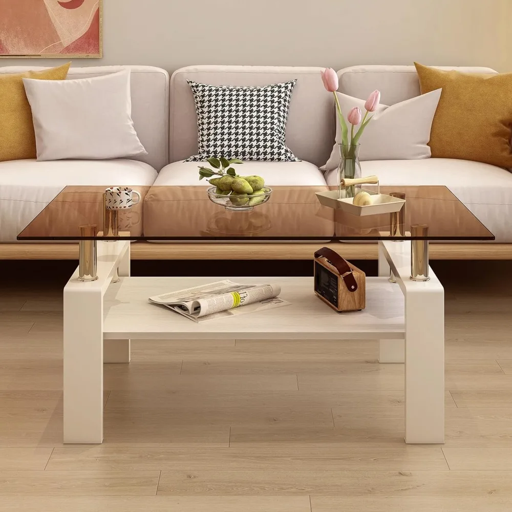 

Glass Coffee Table Rectangle Living Room Center Table, with Tempered Glass Tabletop and MDF Layer,for Living Room and Office (Br