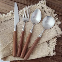 304 Stainless Steel Cutlery Walnut Wood Handle Knife Fork Spoon Dinnerware Western Tableware Set Kitchen Supplies