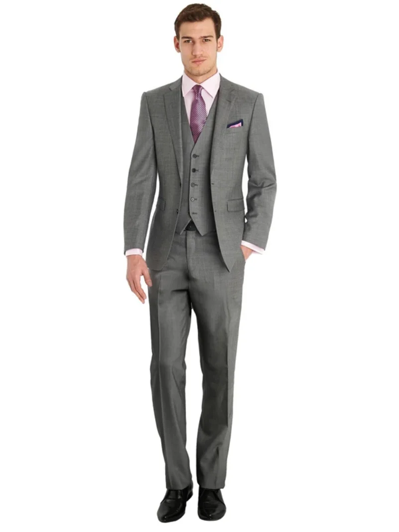

Three Pieces Light Grey Men's Slim Fit Two Buttons Notch Lapel Jacket Waistcoat & Trousers Groom Tuxedos Dinner Suit Suit