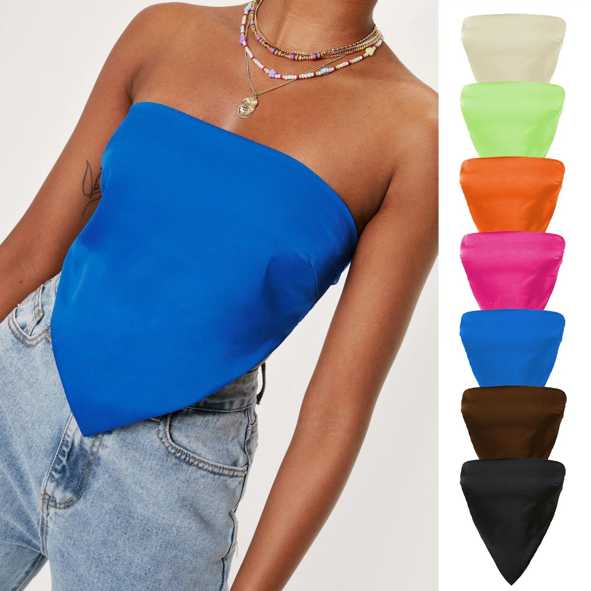 T Shirt Women Sexy lace-up Back Color Butyl Strapless Pure Color Triangle Towel Wipes Bosom Midriff Antiskid Tshirt WSL4875