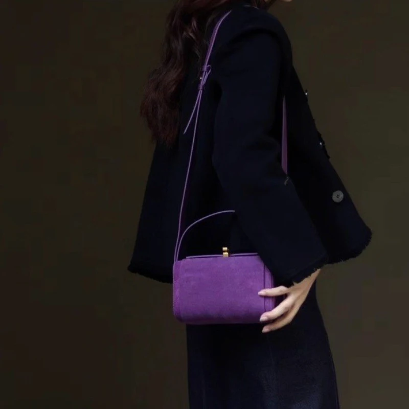 High-end Purple Women's Handbag Luxury Lock Design Crossbody Bags Vintage Frosted Square Bag New Simple Multifunctional Box Bags