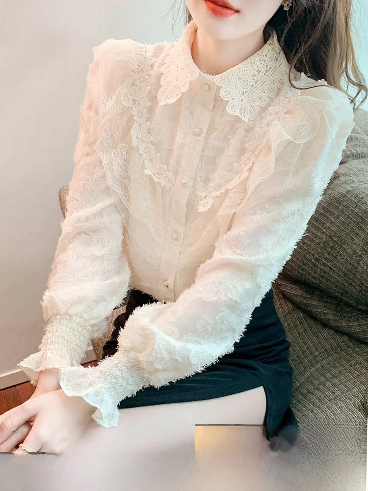 

Fashionable Lace Underlay Doll Collar Shirt Women's Spring Clothing 2026 New Style Korean Loose Fit Long Sleeve Color
