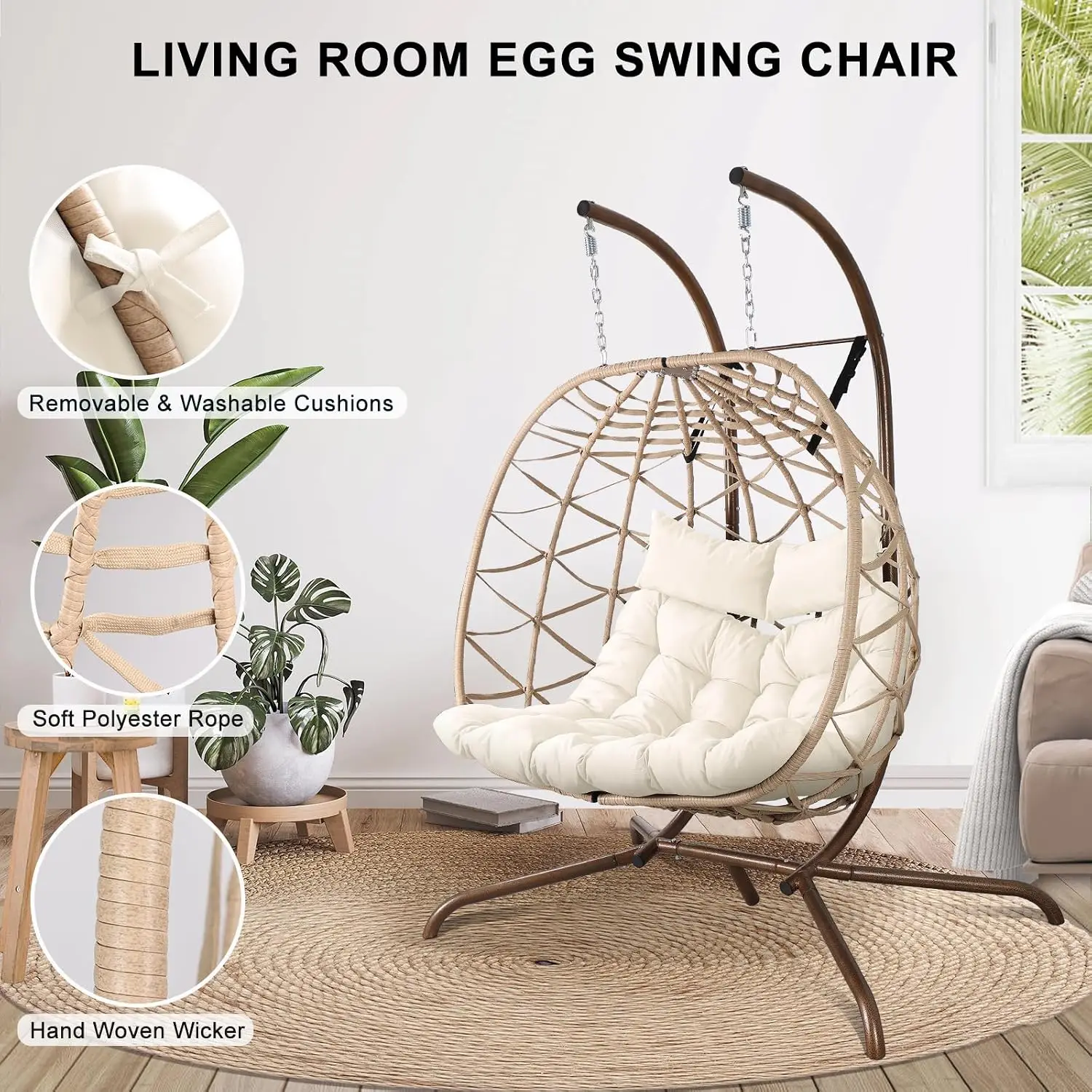 2 Person Egg Swing Chair with Stand Thick Cushions & Pillows Patio Garden Outdoor Hanging Wicker Rattan Seat, Customized - view 5
