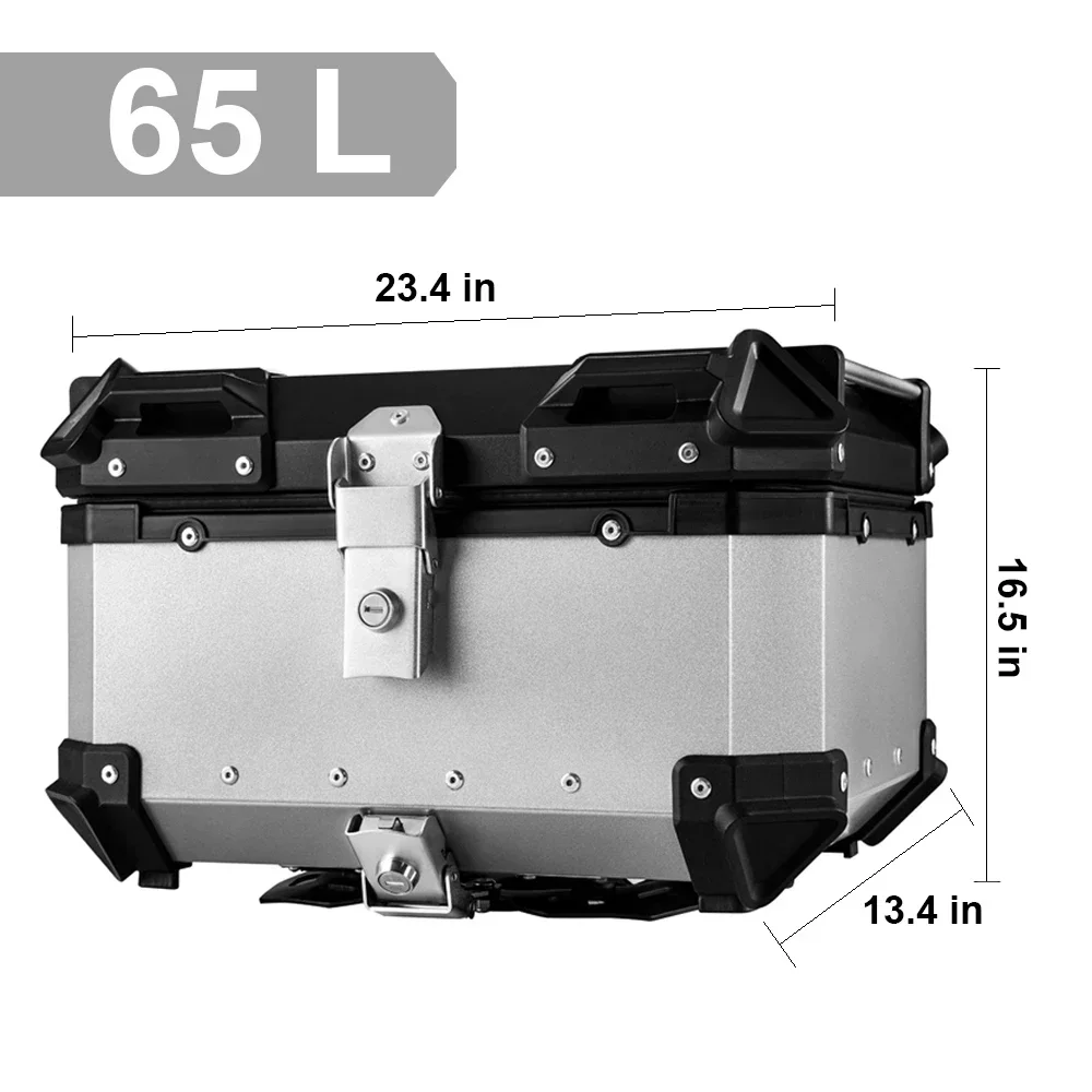 65L Universal Motorcycle Aluminum Rear Trunk Luggage Case Waterproof Tail ToolBox Storage Box with 2 Keys Reflective Sticker