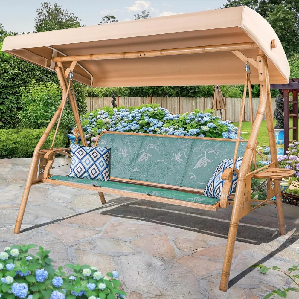 

3 Person Patio Swing Outdoor Swing for Adults with Adjustable Canopy &Upgraded Cup Holders Textilene Fabric Porch Swing Chair