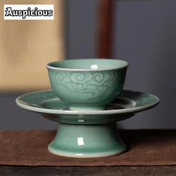 80ML Handmade Longquan Celadon Teacup Aesthetic Auspicious Clouds Master Cup with Holder Set of Cups Jianzhan Tea Ceremony Gifts