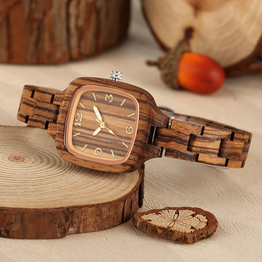 Vintage Zebrawood Women\'s Watch Quartz Analog Square Dial Natural Stylish Lady Wooden Wristwatch Push Button Hidden Clasp