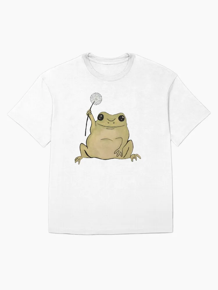 Cute Frog Dandelion Cartoon Print T-shirt Men Lovely Animal Short Sleeve Trendy Pure Cotton Loose Casual Streetwear Top
