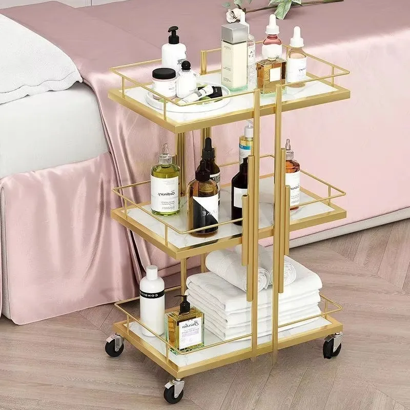 Luxury three-layer modern roller cart, golden stainless steel wheels, suitable for family hotel bathroom use