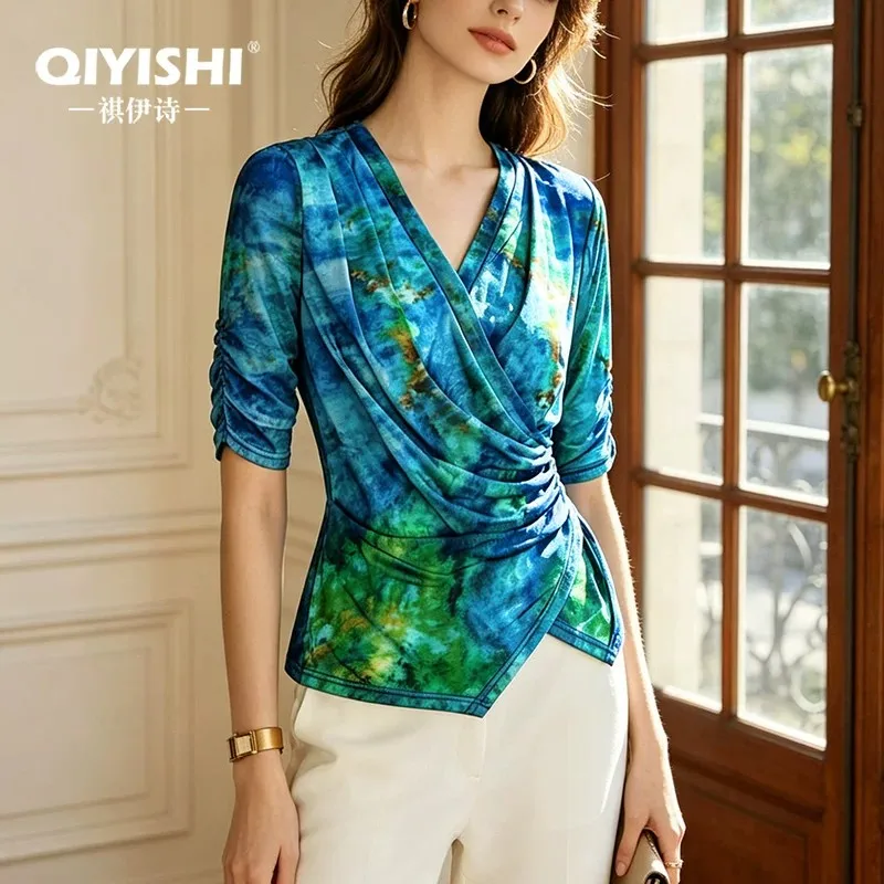Fashion tie-dye Print Women Summer Mesh Top Wrinkled Asymmetrical design Short Sleeve V-neck Slimming Fit Casual Blouse