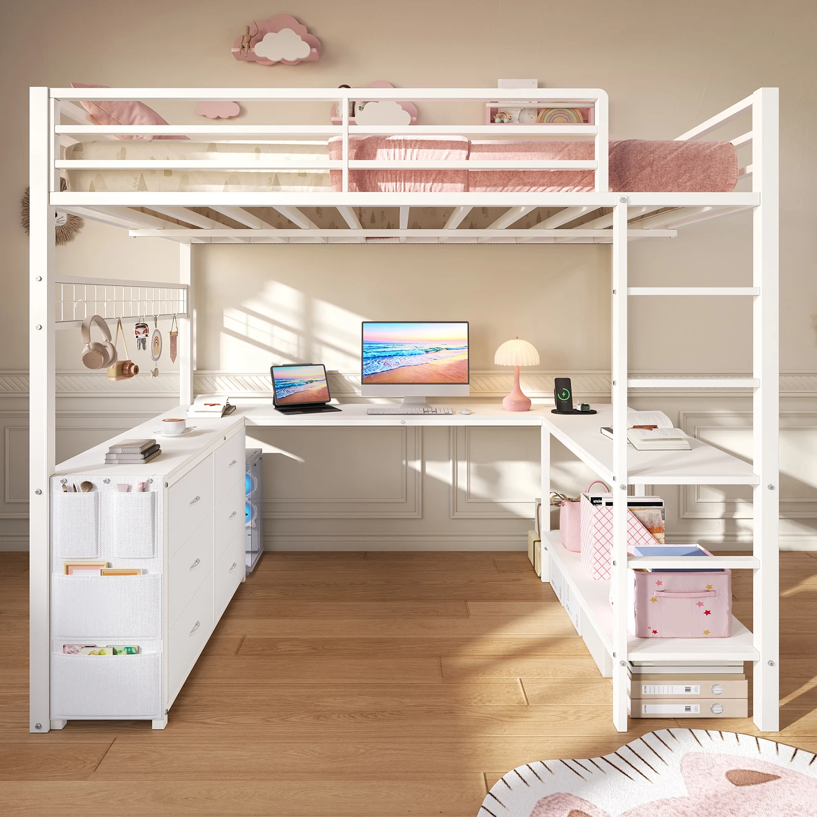 Space-Saving Multifunctional Loft Bed With U-Shaped Work Desk, 6 Drawers, RGB LED Lights, Charging Station & 11