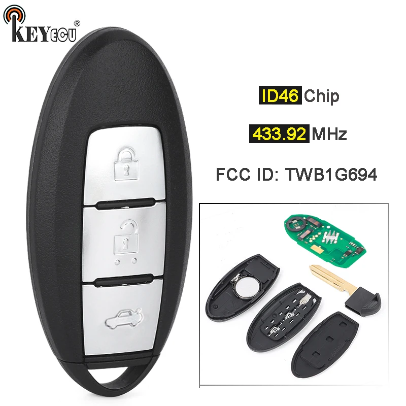 KEYECU 433.92MHz PCF7952A / ID46 Chip TWB1G694 Proximity Keyless Go Smart Card Remote Key Fob for Nissan Lannia 2016