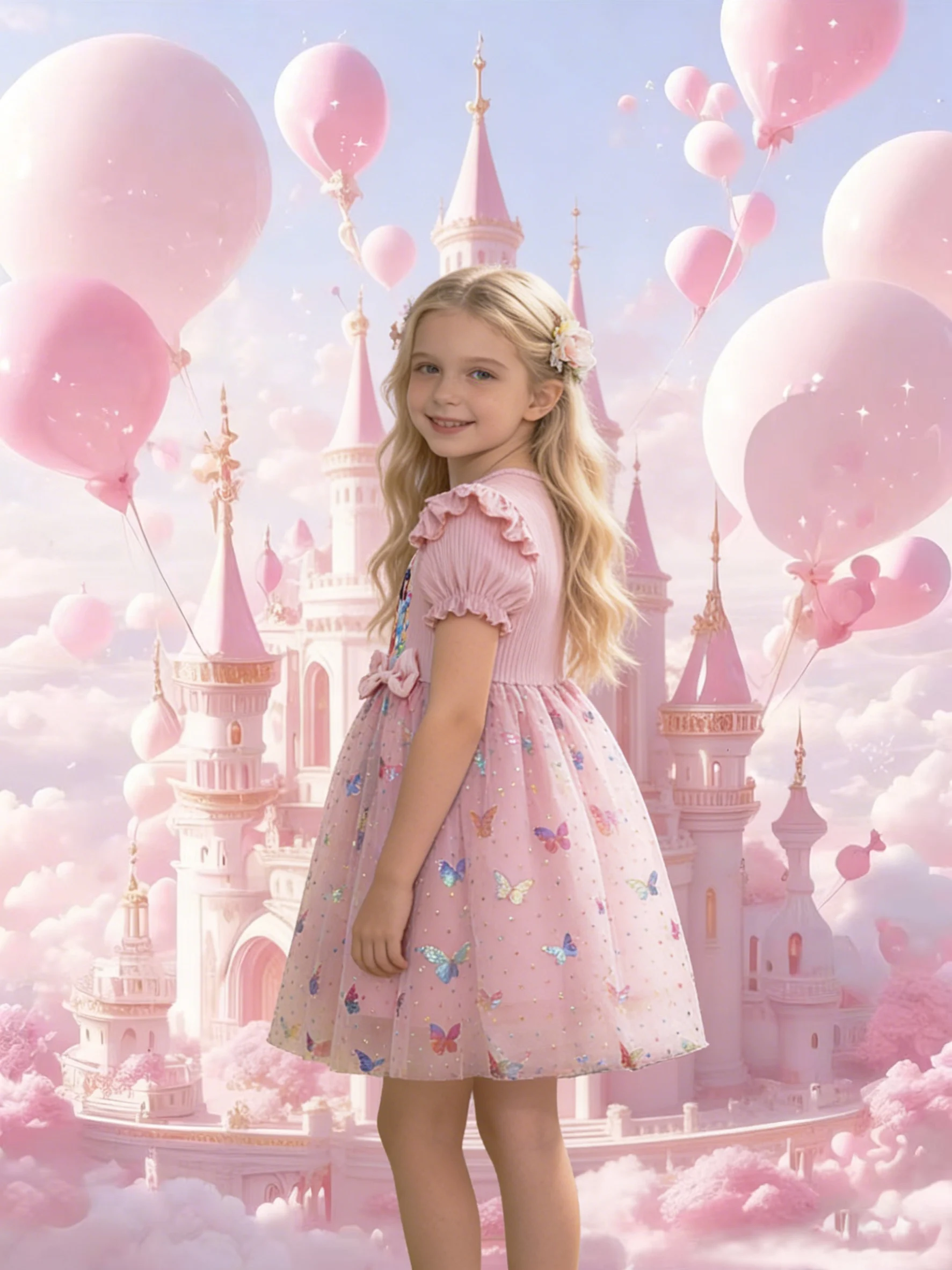 Cartoon Girl Group Printed Dress for Girls, 3D Butterfly Sequin Princess Dress