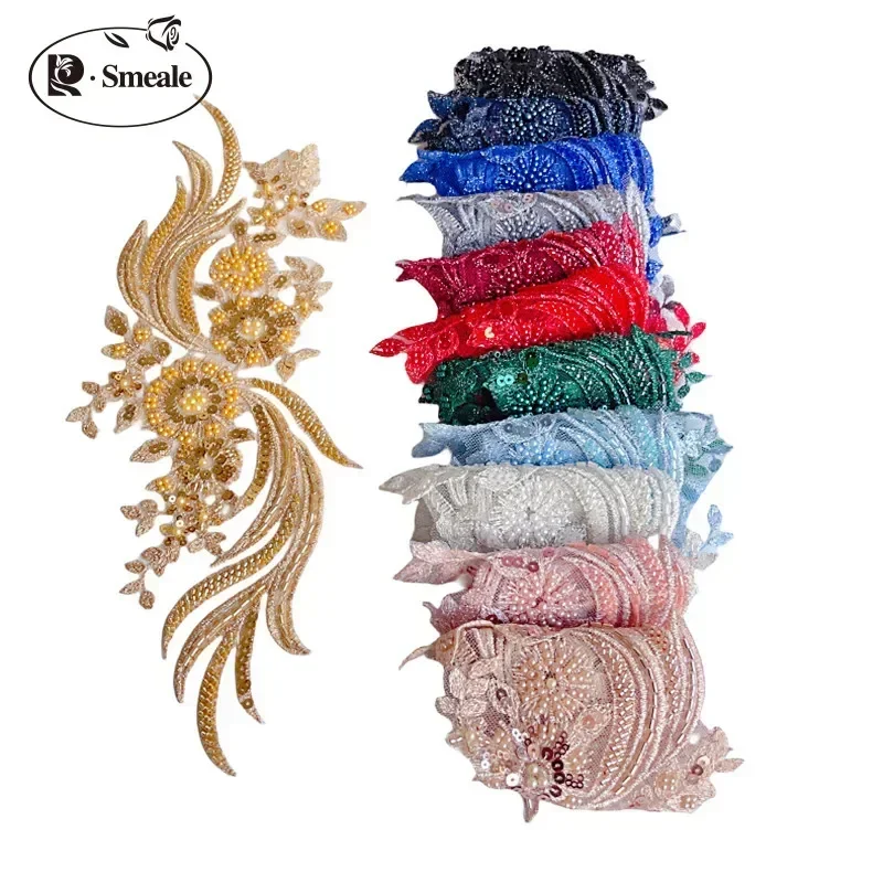 10Pcs/5Pairs.Multicolor Beaded Lace Fabric, Applique, Wedding Dress, DIY Mirrored Flowers.Wholesale.