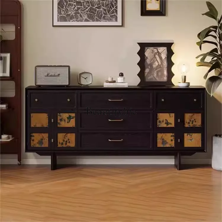 

French retro solid wood fragrant cloud yarn dining side cabinet combination medium and ancient style entry foyer entrance locker