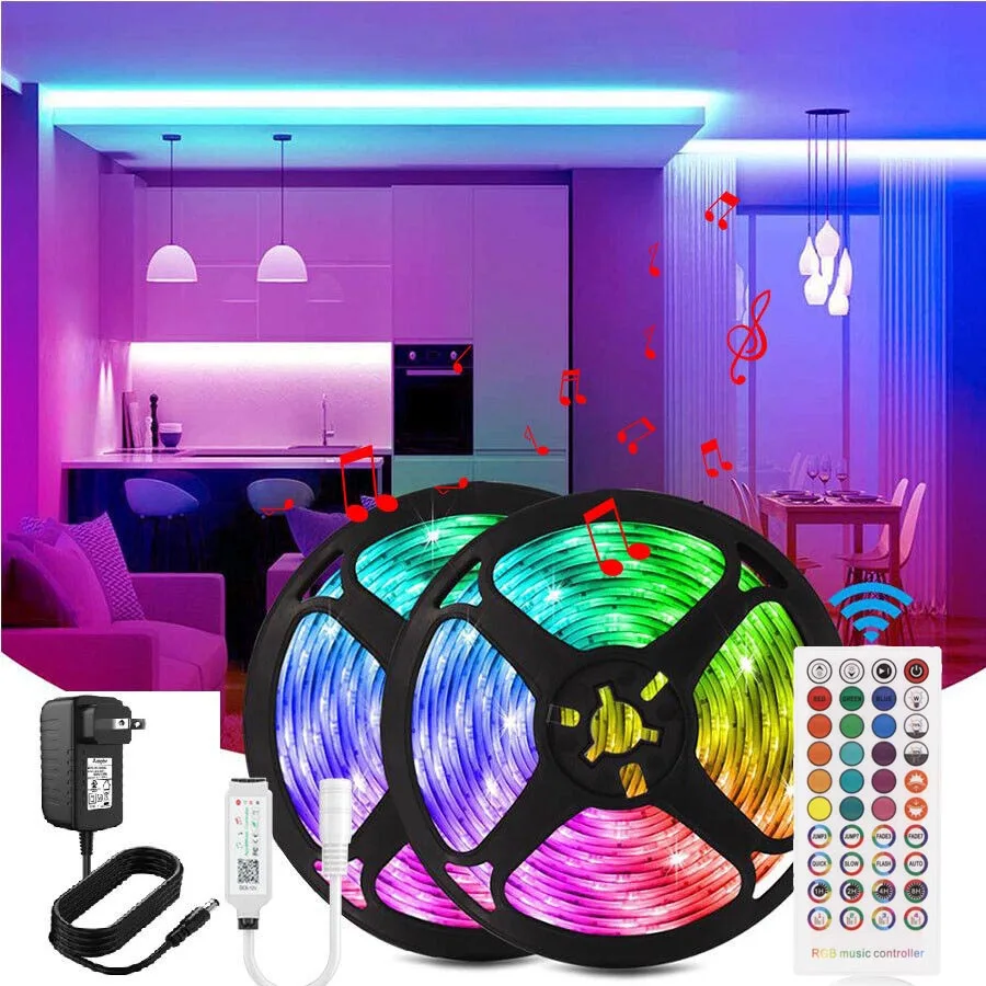 100ft 5050 Led Strip Lights RGB Music Sync Color Changing Bluetooth Smart Control Remote Flexible Tape Led Ribbon Room Lighting
