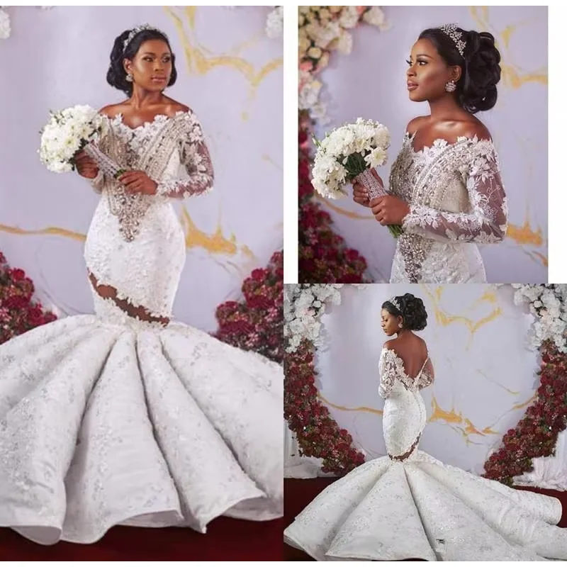 

Customized Crystal African Off Shoulder Mermaid Wedding Dresses Luxury Long Sleeves Aso Ebi Nigerian Open Back Sheer Lace Bridal