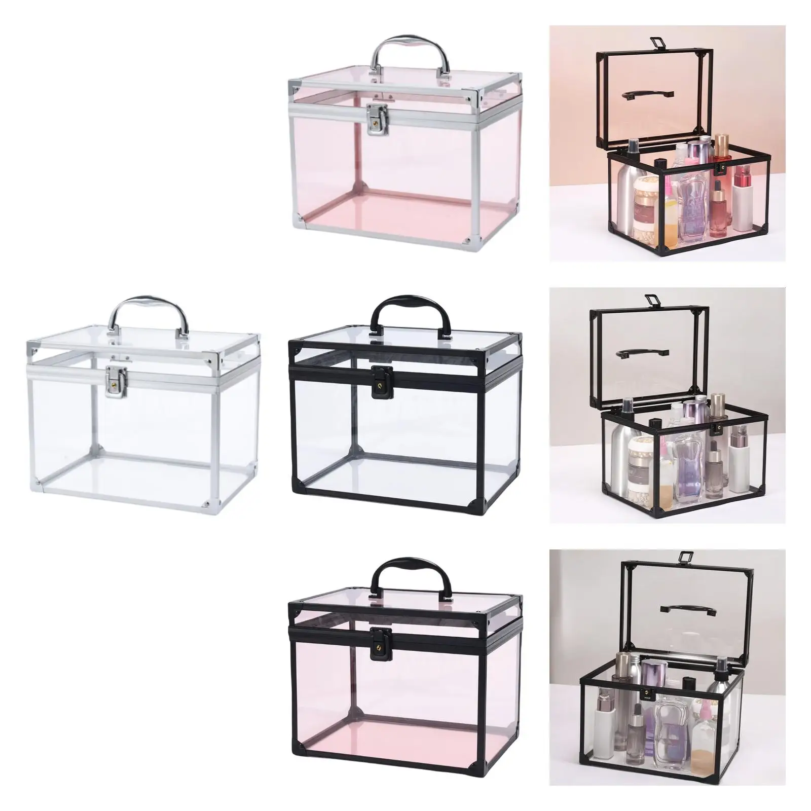 منظم المكياج، علبة عرض مستحضرات التجميل، صندوق تاج مقاوم للغبار، حقيبة سفر متعددة الوظائف من الأكريليك الشفاف مع مقبض لخزانة الملابس